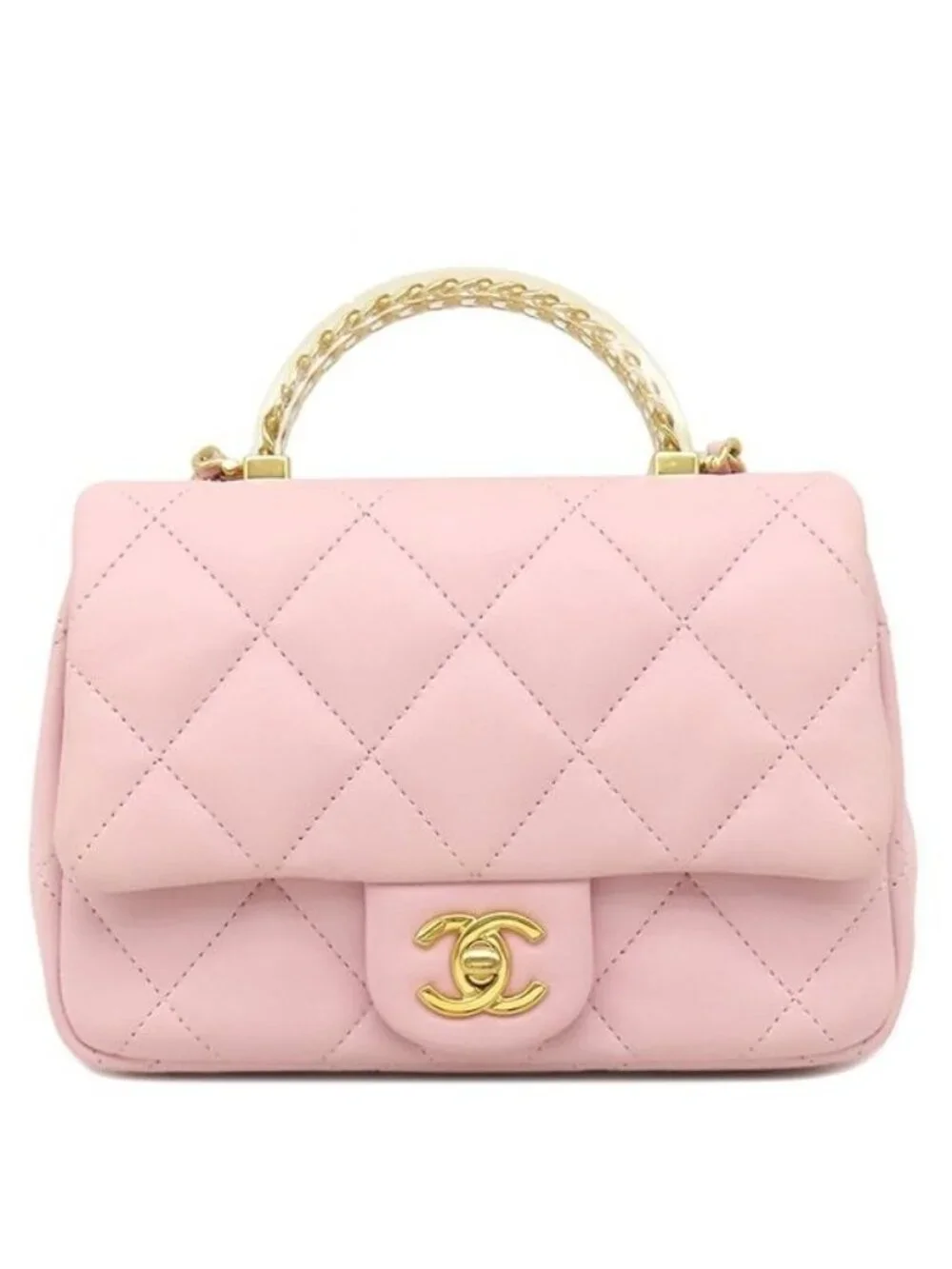 Chanel 2-Way Bag Quilted Top Handle Mini Lambskin Baby Pink Gold Chain Shoulder